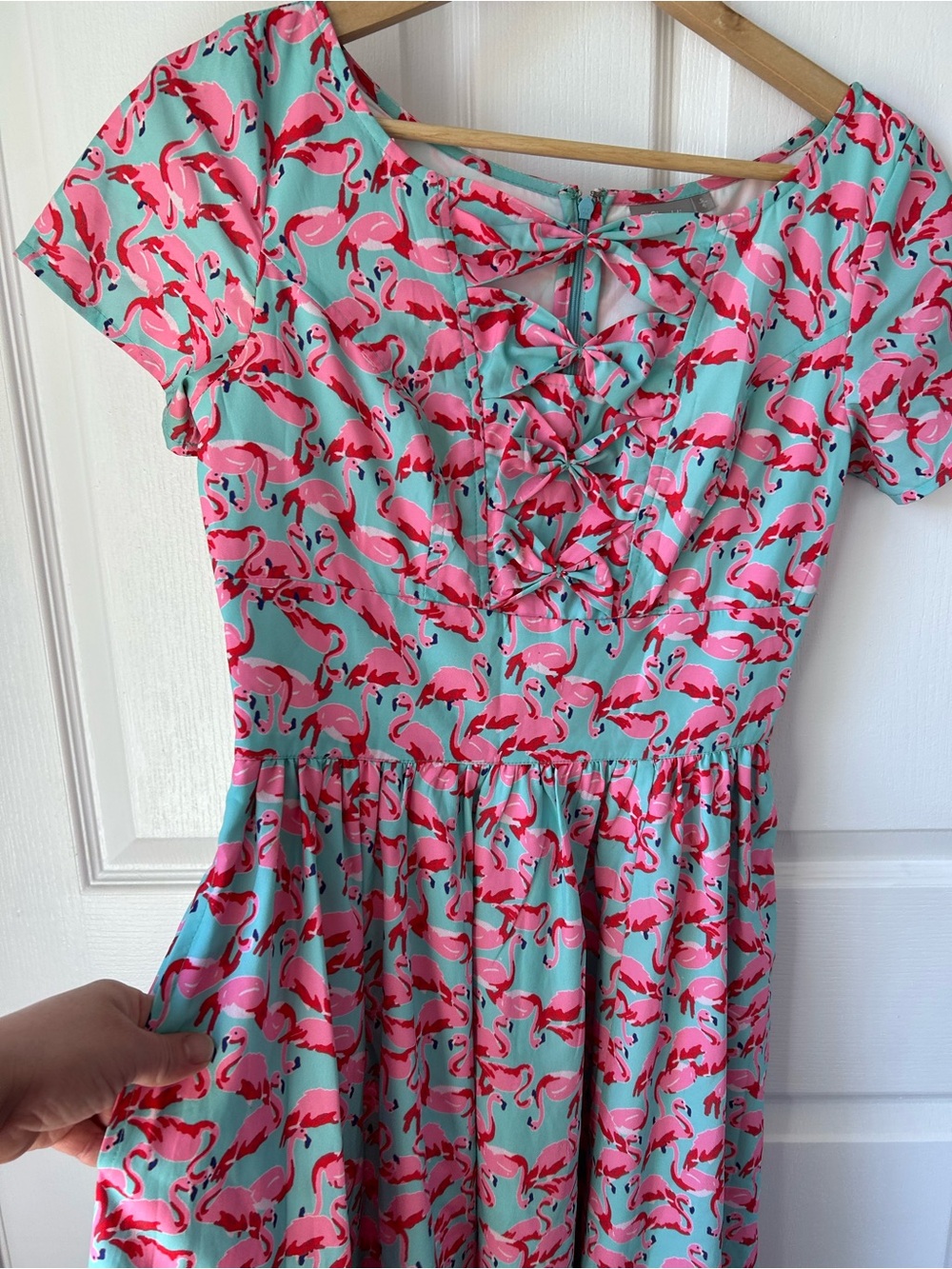 eshakti Aqua Dress with Pink Flamingo Print and Front Bow Details